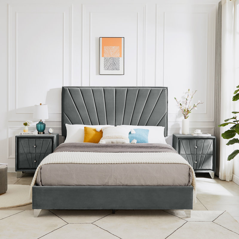Mercer41 Bed With One Nightstand Beautiful Line Stripe Cushion Headboard Strong Wooden Slats Metal Legs With Electroplate Wayfair
